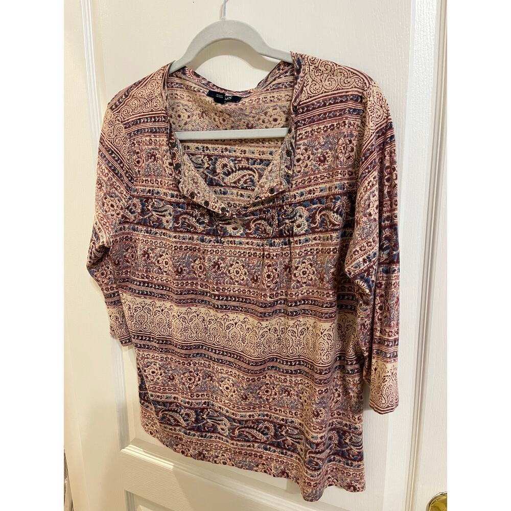 Chaps Women's 1X Paisley Boho Peasant Blouse Tie Neck 3/4 Sleeve Plus Size - Picture 2 of 10